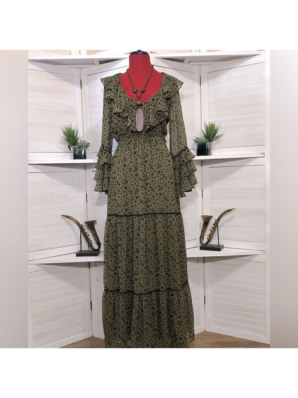 Misa LosAngeles Dress chiffon Green Dot Ruffle whimsigoth fairy festival boho XS - Picture 2 of 8